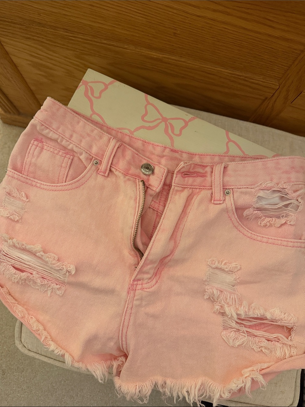 Pink Distressed Denim Shorts